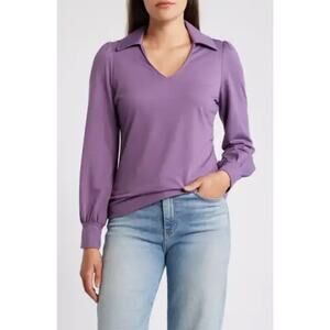 Caslon Long Sleeve Johnny Collar Polo Top Purple Montana